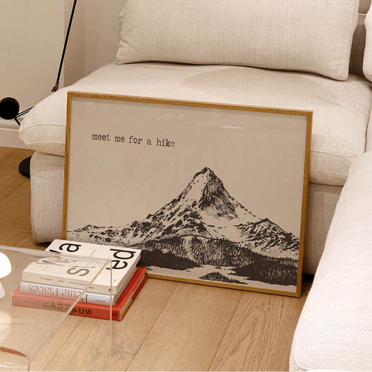Modern living room with white sofa, glass coffee table, and framed mountain picture.