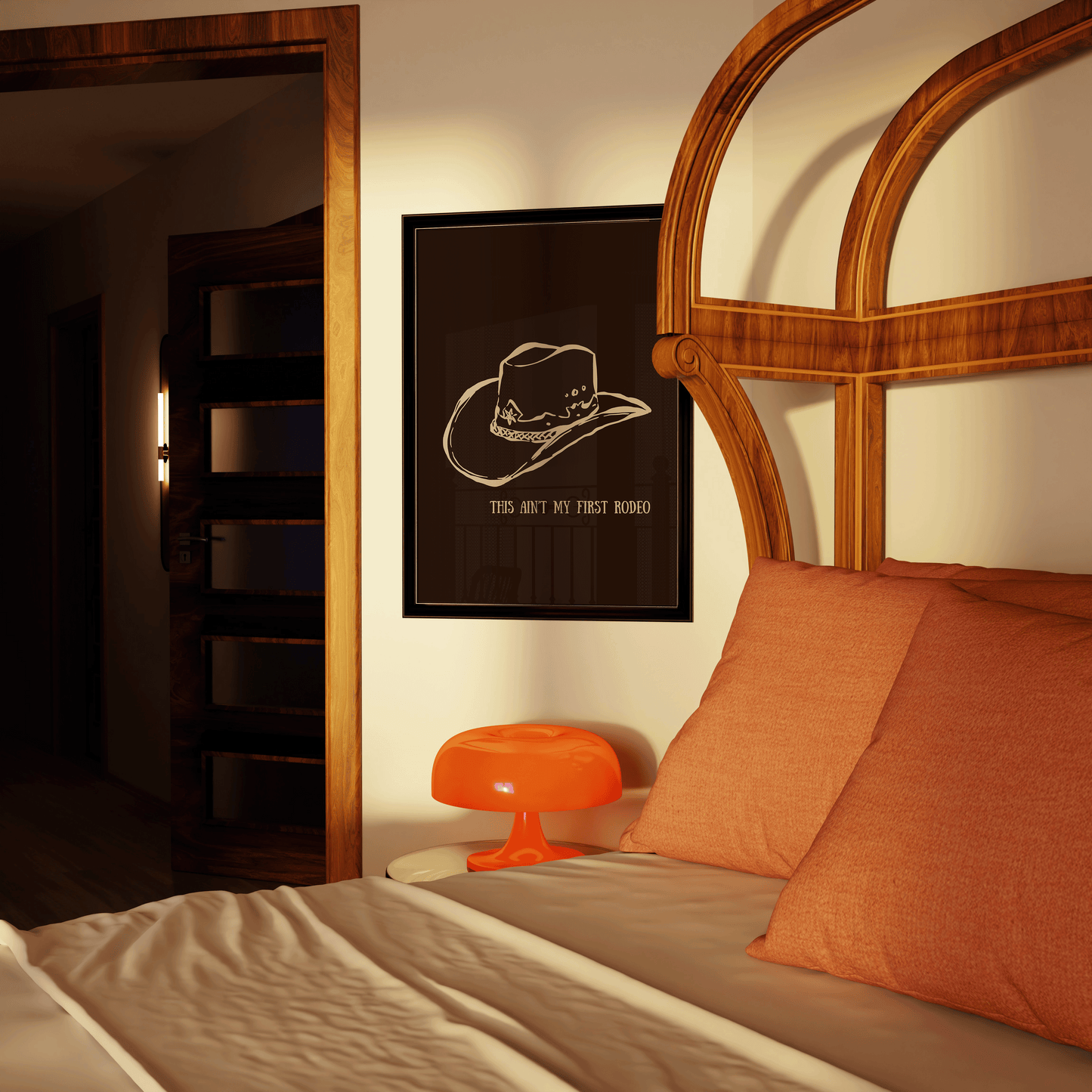 Bedroom with wooden headboard, orange lamp, and framed picture of a hat.