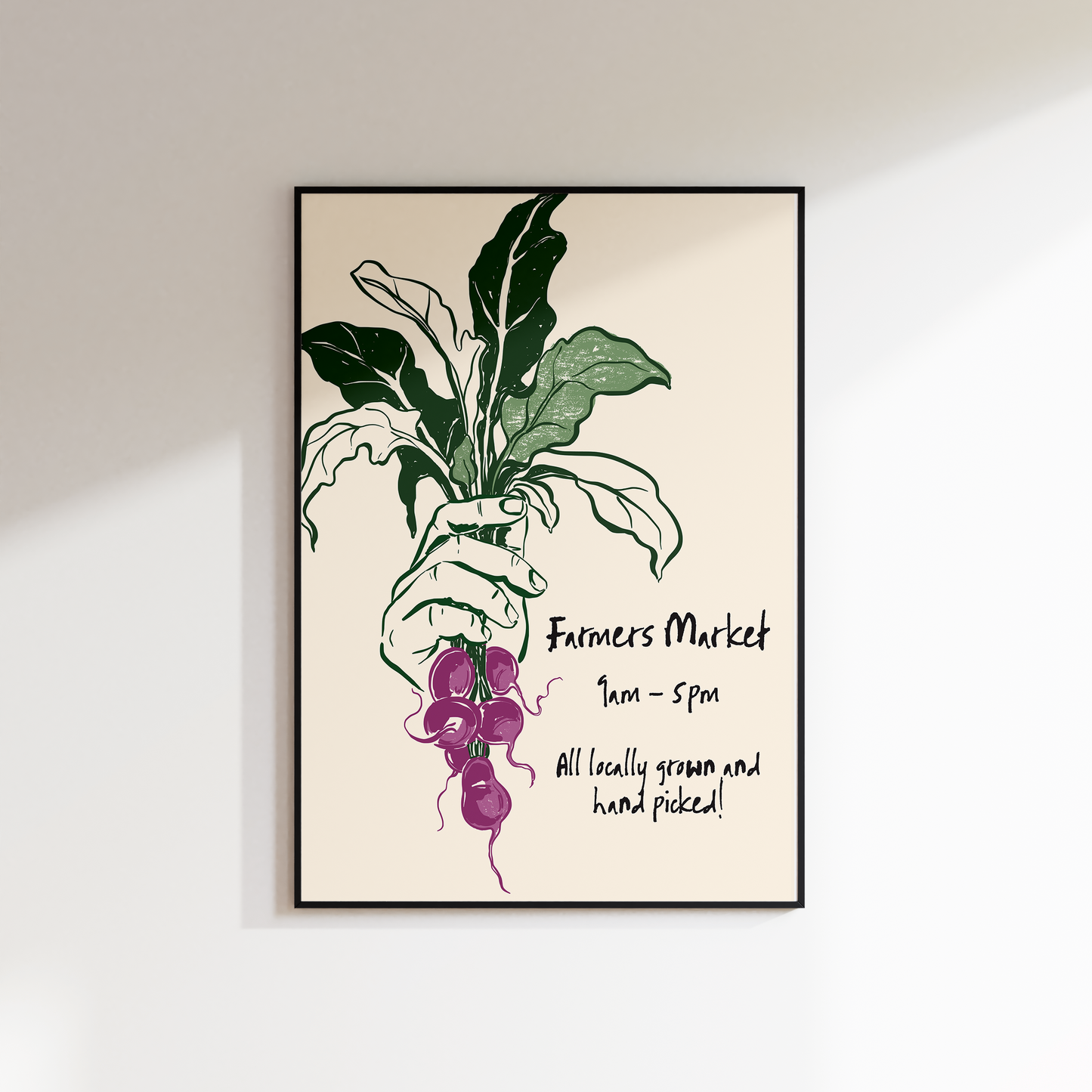 Framed artwork of a hand holding purple flowers with text on a beige background