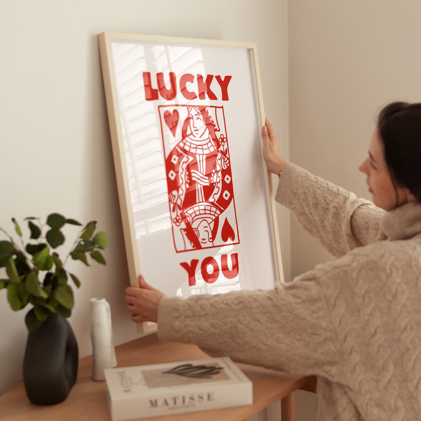 Lucky you Print - Queen of Hearts Print - Playing Card Print - Trendy Wall Art - Bar Decor Retro Art motivational wall art office wall art