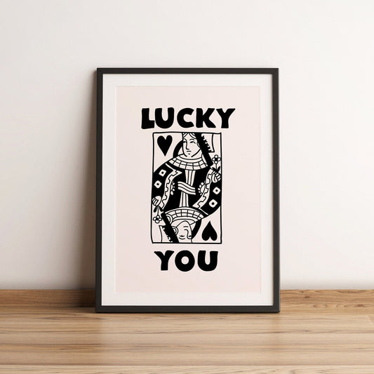 Lucky you Print - Queen of Hearts Print - Playing Card Print - Trendy Wall Art - Bar Decor Retro Art motivational wall art office wall art