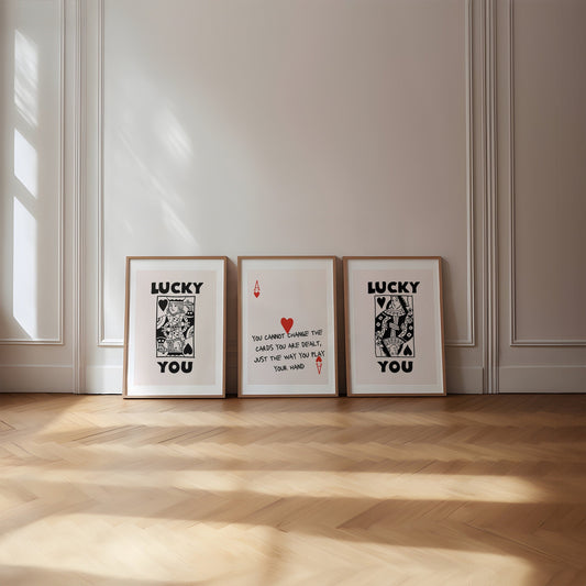 Lucky you print set - trendy retro wall art set of 3 - lucky you poster - playing card poster king and queen wall art king and queen poster