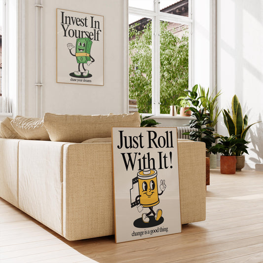 Just Roll With It Print, Retro Print, Retro Photography Print, Retro Motivation Poster, Motivational Pun Art, Retro Office Decor, Fun Prints