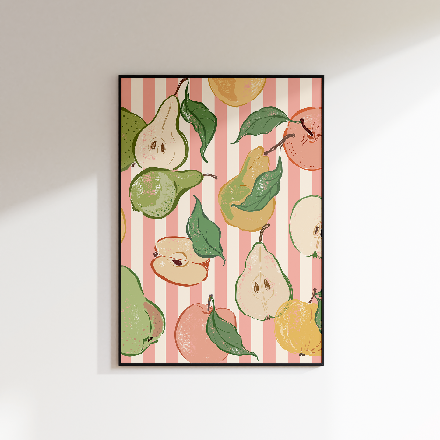 Framed artwork of pears on a striped background