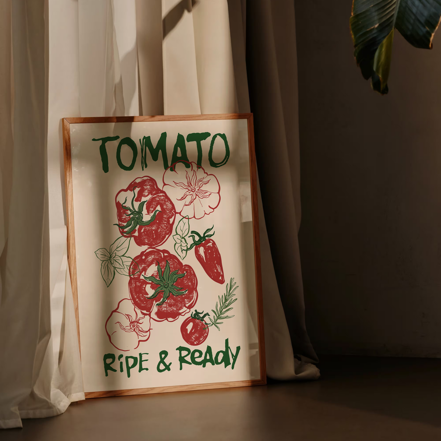 Decorative sign with tomato illustration and text 'Tomato Ripe & Ready' against a curtain background