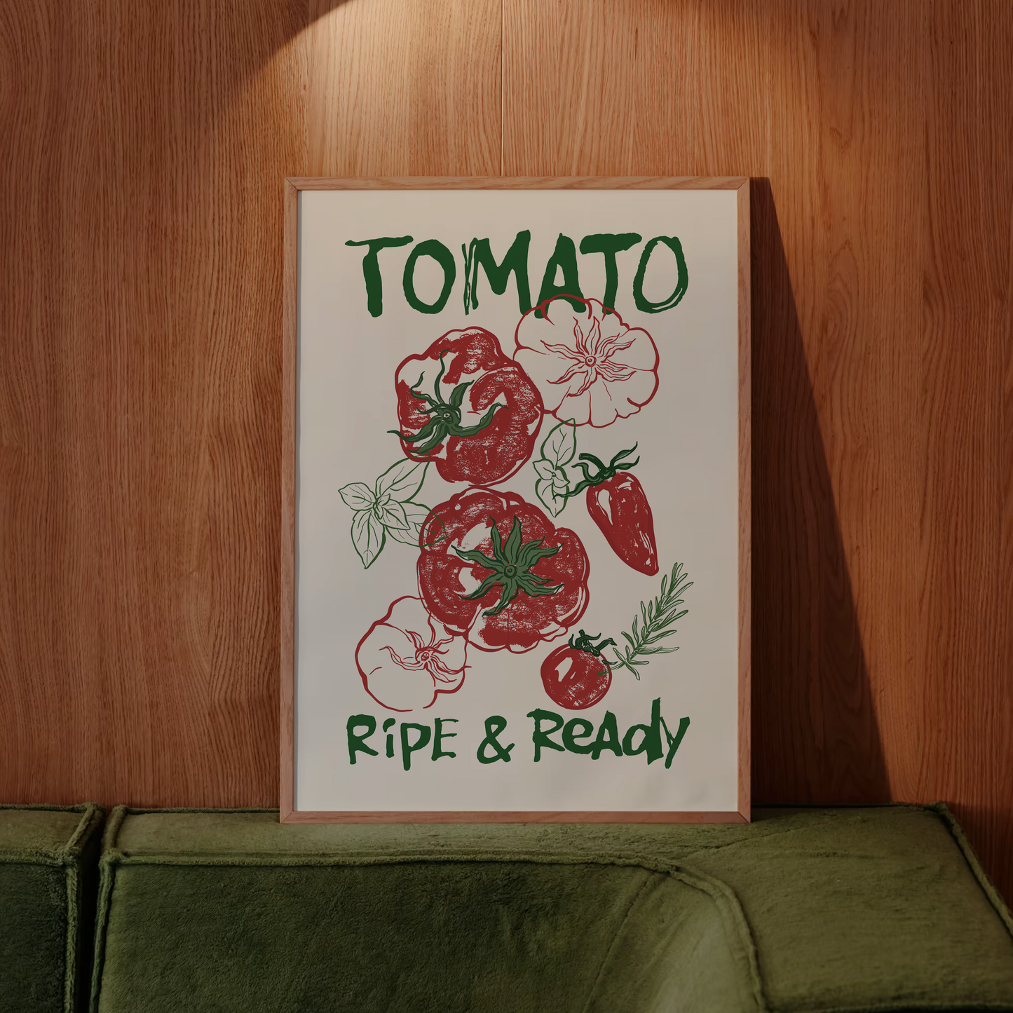 Framed artwork with tomato illustrations and text on a wooden wall.