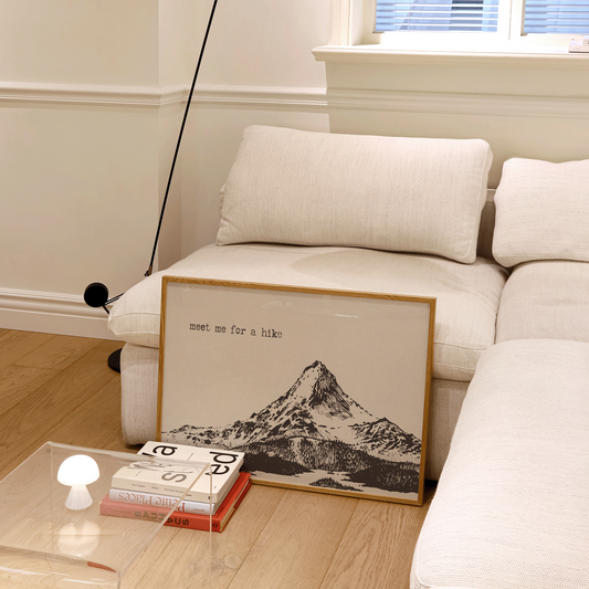 Modern living room with white sofa, glass coffee table, and framed mountain picture.