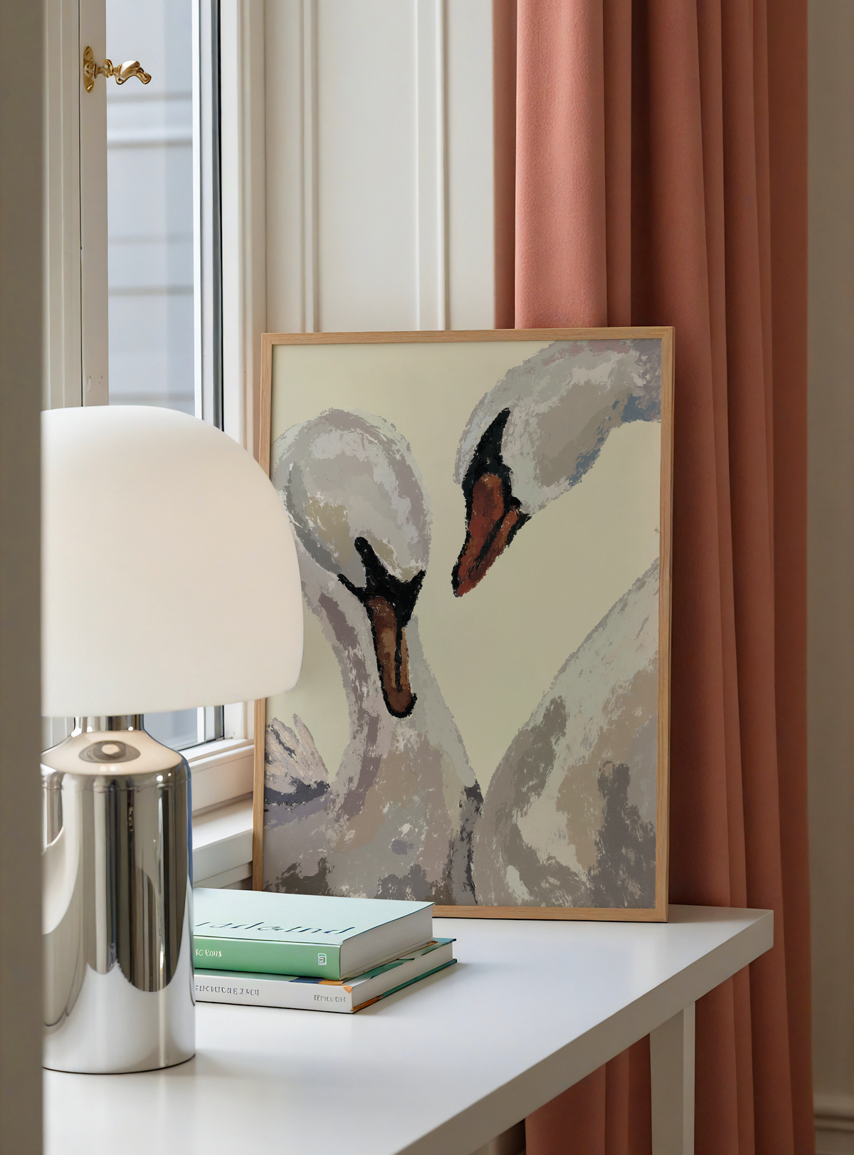 A framed painting of two swans leaning against a white table in a styled room setting, next to a modern silver and white table lamp and stacked books, with a dusty rose curtain in the background.