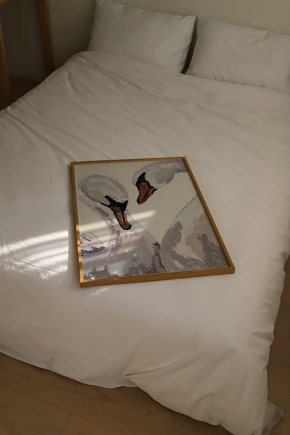 A framed art print depicting two swans, displayed on a neatly made white bed with pillows. The print features a light wood frame and is photographed in a home setting with natural light casting shadows on the duvet.