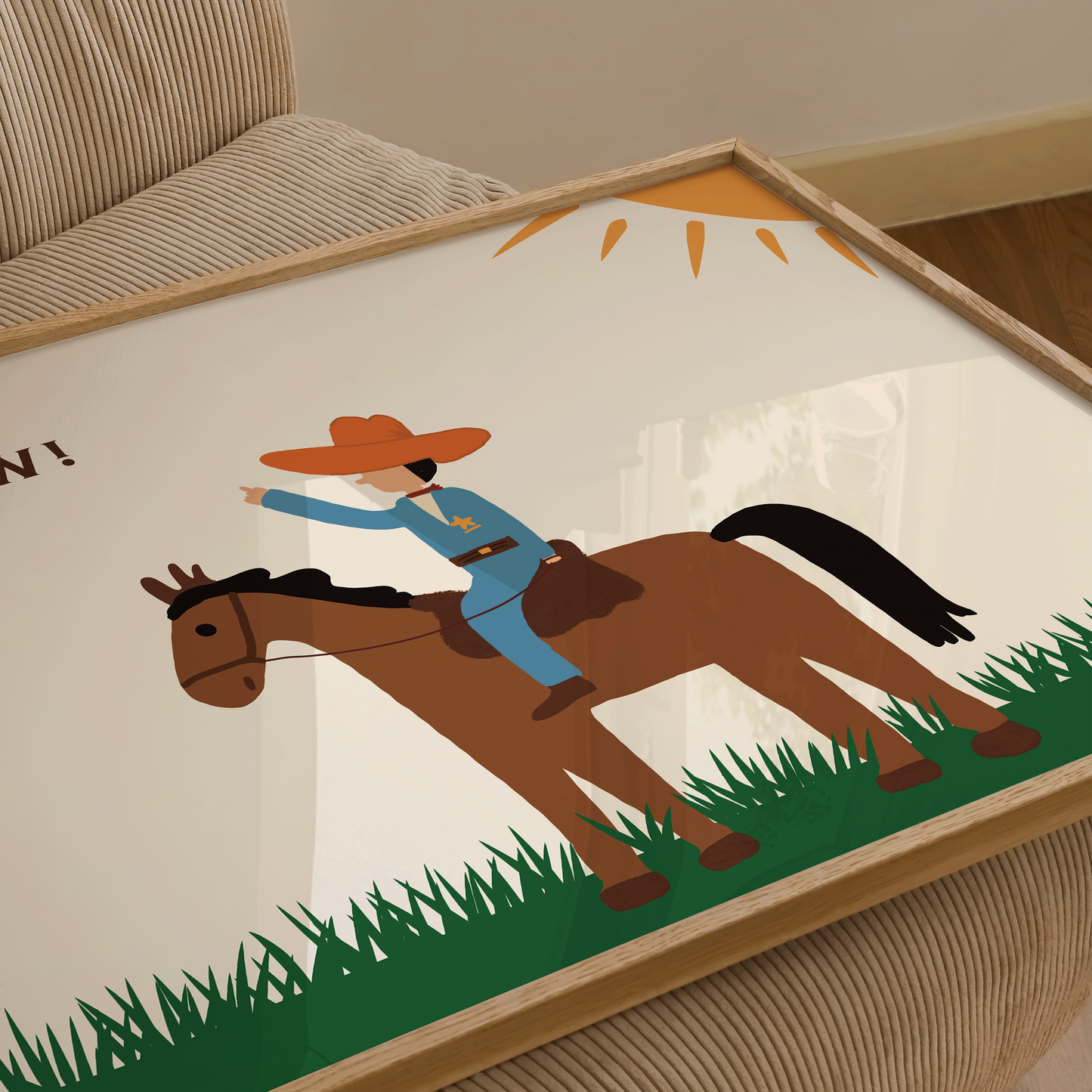 Children's illustration of a cowboy on a horse with a wooden frame.