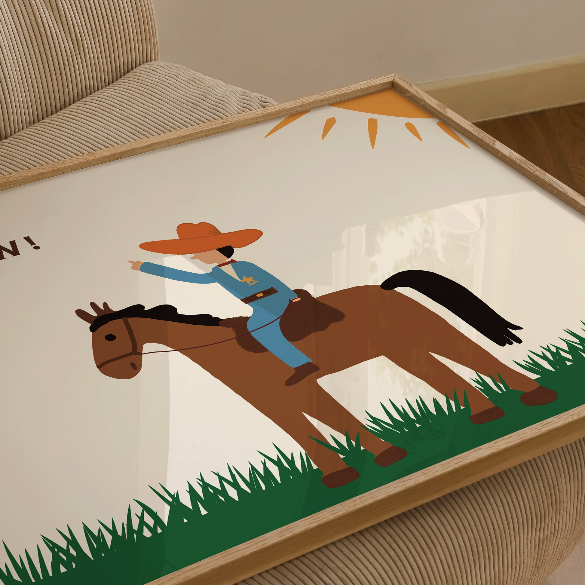Children's illustration of a cowboy on a horse with a wooden frame.