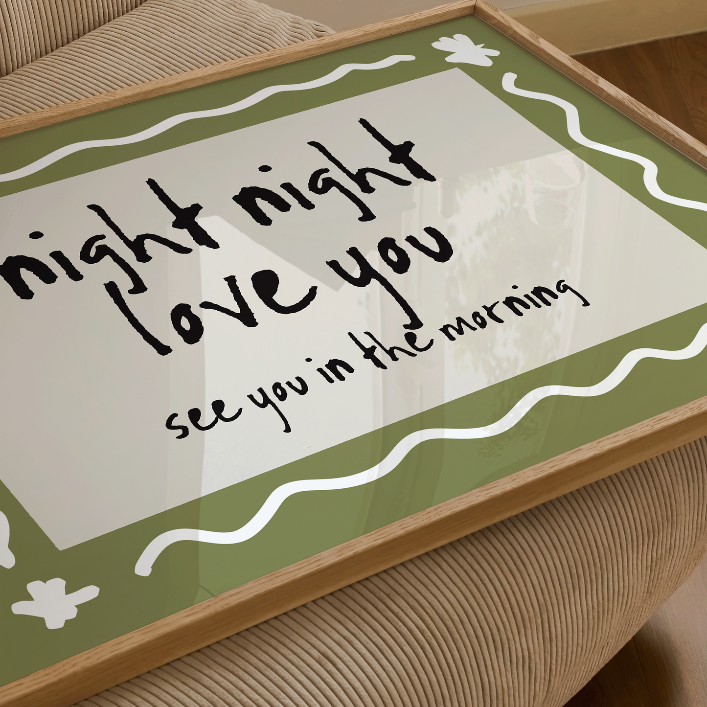 Glass tray with text 'night night love you see you in the morning' on a wooden surface.