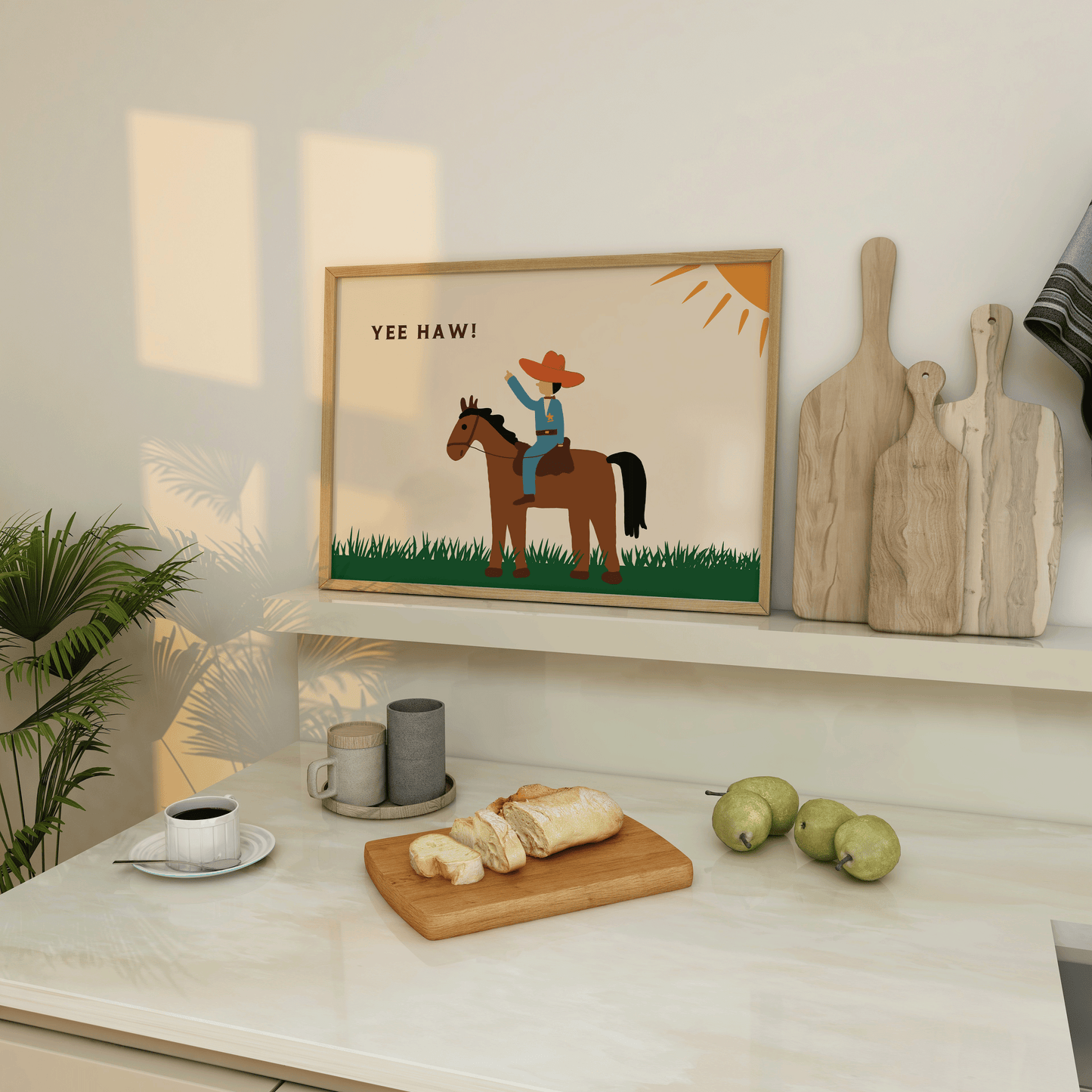 Shelf with a framed picture of a cowboy on a horse, cutting boards, and a coffee setup.