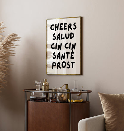 Cheers Print - Bar cart wall decor - Cheers wall art - Bar cart accessories - Bar cart print - Kitchen wall art - Dining Room wall art - A4