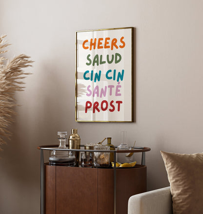 Cheers Print - Bar cart wall decor - Cheers wall art - Bar cart accessories - Bar cart print - Kitchen wall art - Dining Room wall art - A4