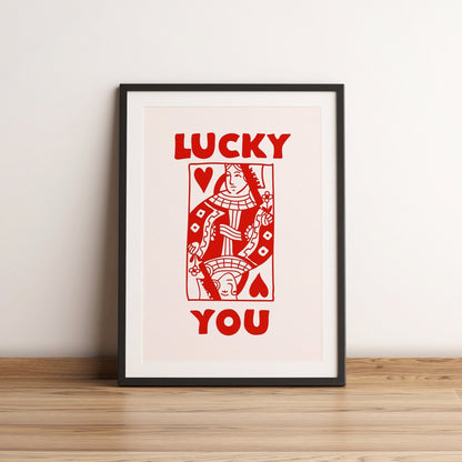 Lucky you Print - Queen of Hearts Print - Playing Card Print - Trendy Wall Art - Bar Decor Retro Art motivational wall art office wall art