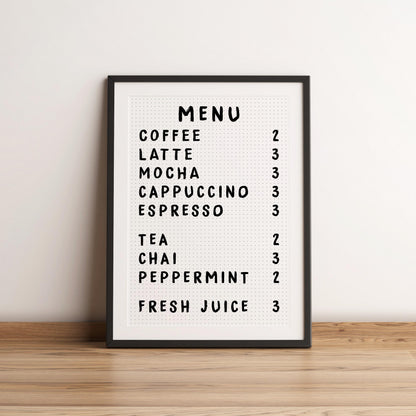 Coffee Menu Poster - Coffee Wall Art - Coffee Menu Print - Kitchen Wall Art - Coffee Station Art - Dining Room Prints - Kitchen Prints - A4