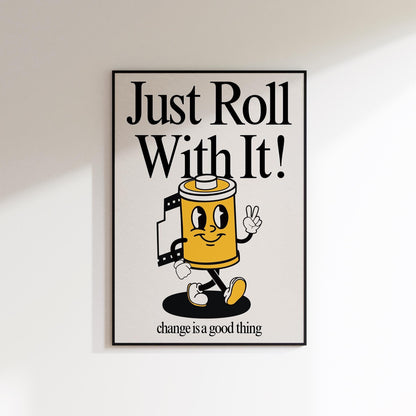 Just Roll With It Print, Retro Print, Retro Photography Print, Retro Motivation Poster, Motivational Pun Art, Retro Office Decor, Fun Prints