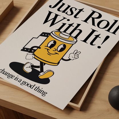 Just Roll With It Print, Retro Print, Retro Photography Print, Retro Motivation Poster, Motivational Pun Art, Retro Office Decor, Fun Prints
