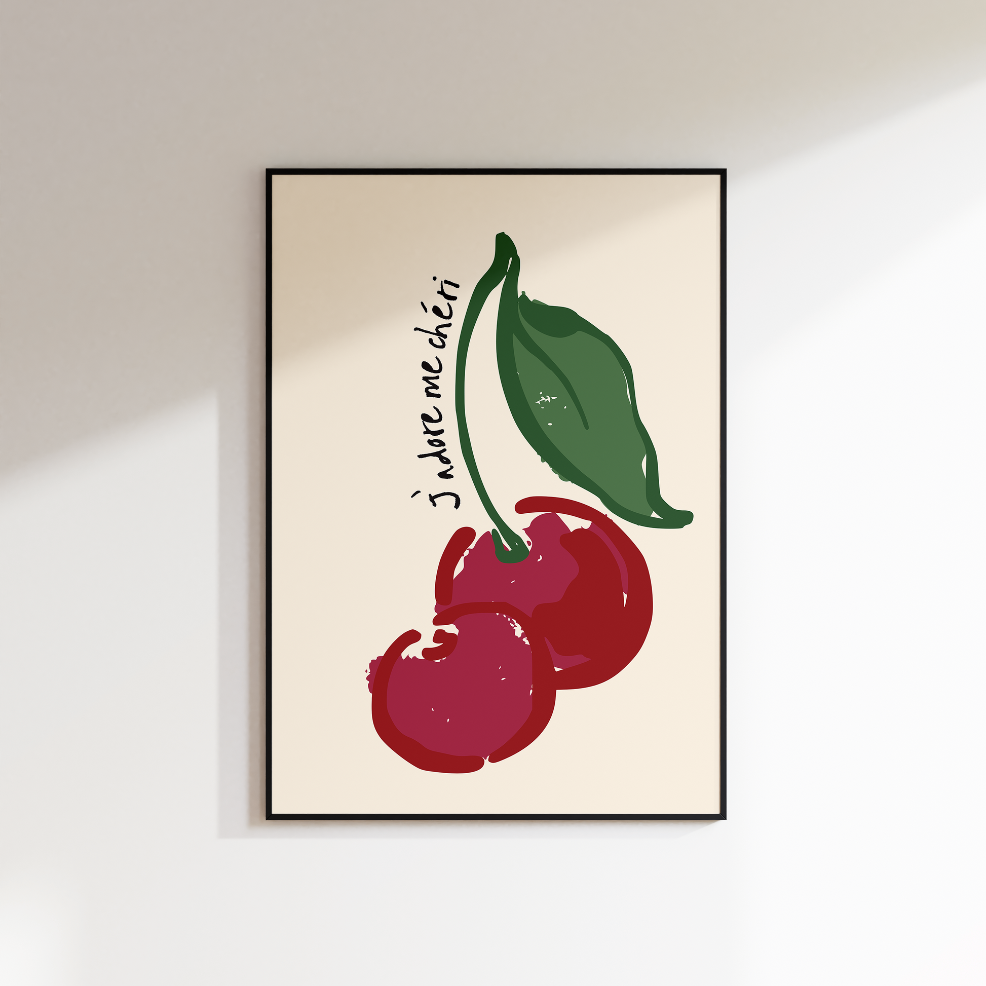 Framed artwork of cherries on a beige background