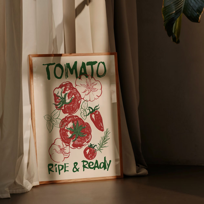 Decorative sign with tomato illustration and text 'Tomato Ripe & Ready' against a curtain background