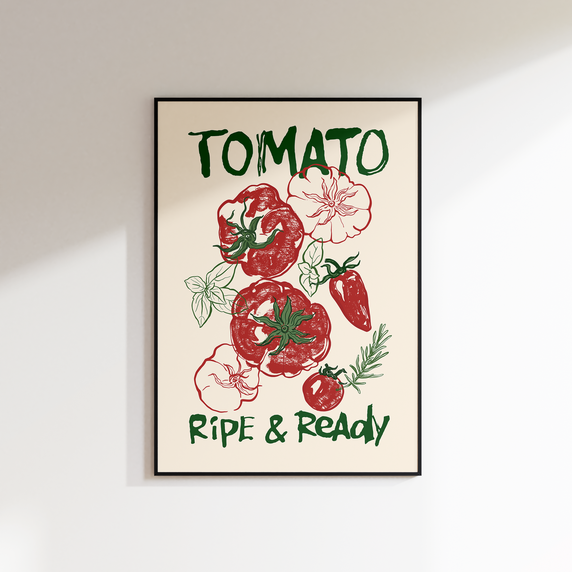Framed artwork with illustrations of tomatoes and text on a white wall