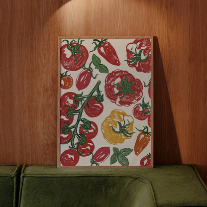 Decorative kitchen print with tomato and pepper pattern on a wooden wall