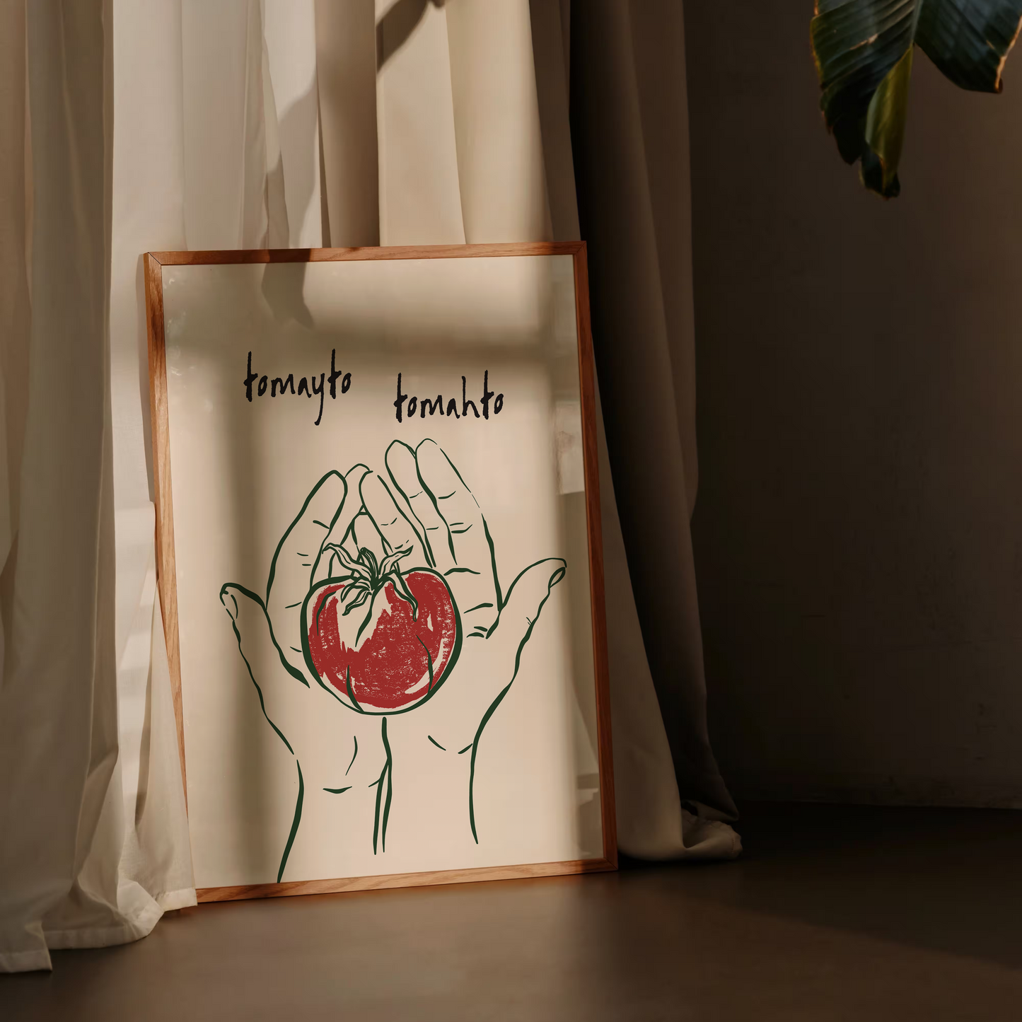Tote bag with a tomato illustration and text on a neutral background